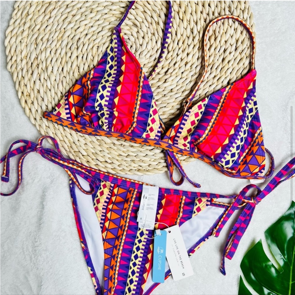 Cupshe Low Rise Boho Print Lace Up Triangle Two P… - image 5